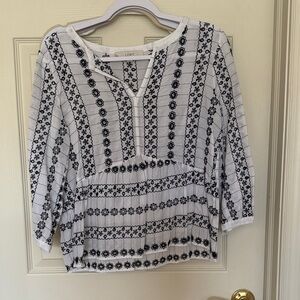 LOFT White Top with Black Embroidered Stripe Pattern